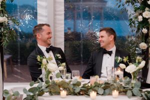 A photograph of Mark Murray (right), a living liver donor, with his husband Leo (left) on their wedding day.